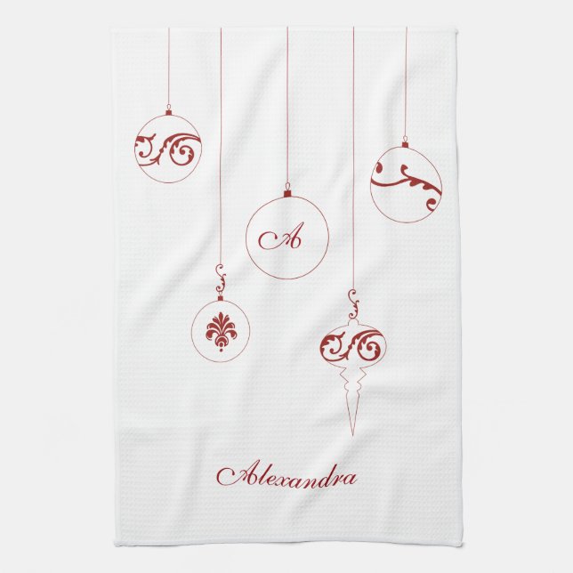 Linge De Cuisine Noël Rouge Monogramme Bauble Ornements Nom (Vertical)