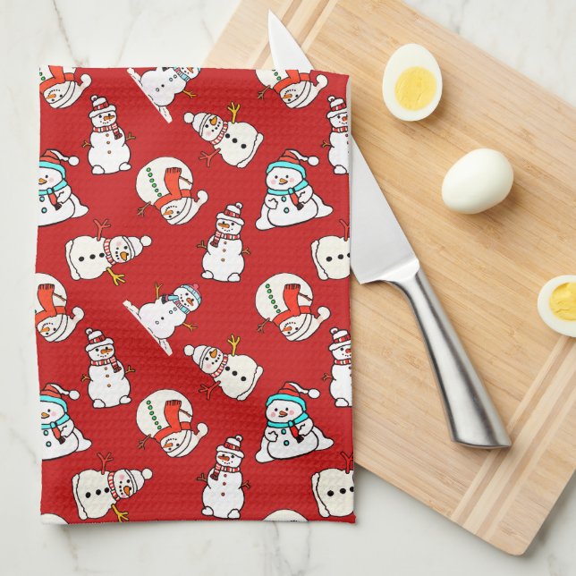 Linge De Cuisine Noël Snowman Motif Rouge (Quart Plié)
