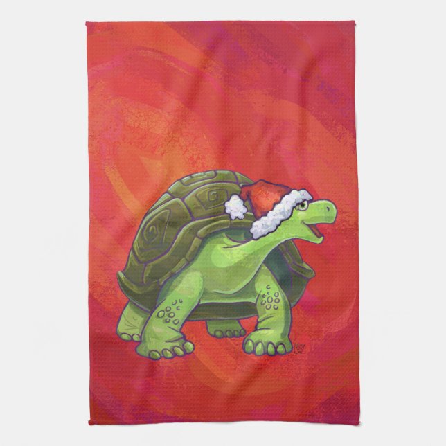 Linge De Cuisine Noël Tortue Sur Rouge (Vertical)