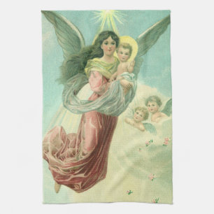 Linge De Cuisine Noël vintage, Ange victorien avec Bébé Jésus