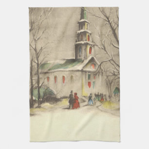 Linge De Cuisine Noël vintage, église dans un paysage enneigé hiver