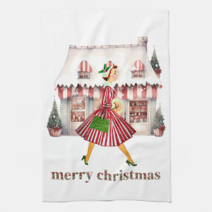 Linge De Cuisine Noël Vintage Lady Shopping 1950