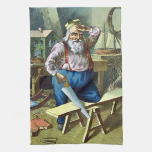 Linge De Cuisine Noël vintage, le Père Noël construisant des jouets