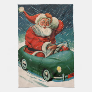 Linge De Cuisine Noël vintage, le Père Noël dans une voiture mignon