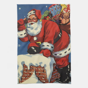 Linge De Cuisine Noël vintage, le Père Noël descend dans la cheminé