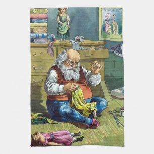 Linge De Cuisine Noël vintage, le Père Noël fabriquant des poupées