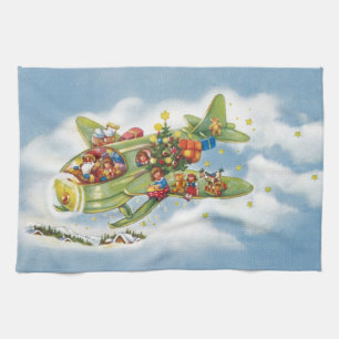 Linge De Cuisine Noël vintage, le Père Noël pilotant un avion