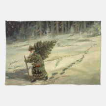 Noël vintage, le Père Noël portant un arbre