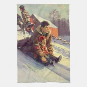Linge De Cuisine Noël vintage, père et fille faisant de la luge