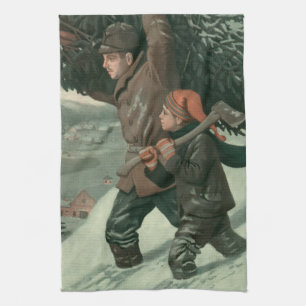 Linge De Cuisine Noël vintage, père et fils coupent un arbre