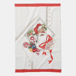 Linge De Cuisine Noël vintage, Père Noël avec Cannes de Bonbon