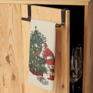 Linge De Cuisine Noël vintage, Père Noël avec des cadeaux
