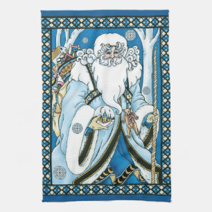Linge De Cuisine Noël vintage, Père Noël bleu avec boule à neige