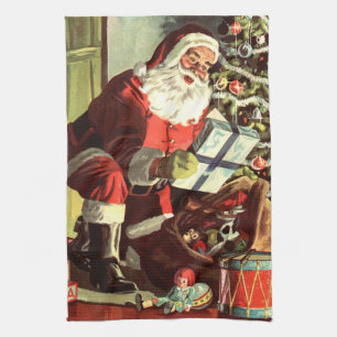 Linge De Cuisine Noël vintage, Père Noël rétro avec cadeaux