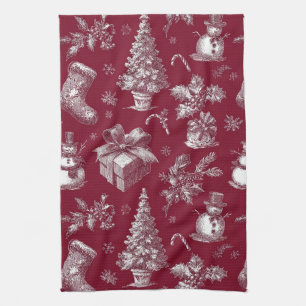 Linge De Cuisine Noël Vintage Toile Rouge avec Chaussettes