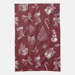Linge De Cuisine Noël Vintage Toile Rouge Cramoisi Blanc Fêtes