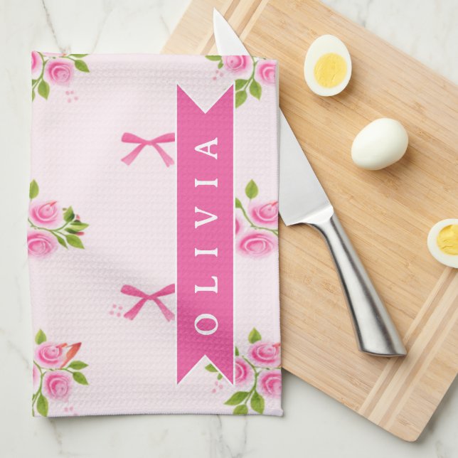 Linge De Cuisine Nœud Floral Féminin Coquette Rose Personnalisé (Quart Plié)