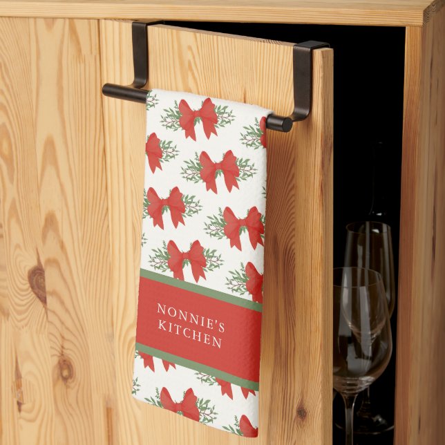 Linge De Cuisine Nœud rouge élégant avec monogramme de nom et verdu (Pliage en tiers)