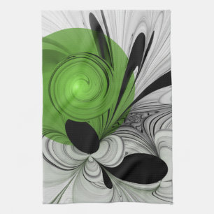 Linge De Cuisine Noir Abstrait et blanc avec art fractal vert