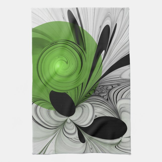 Linge De Cuisine Noir Abstrait et blanc avec art fractal vert (Vertical)
