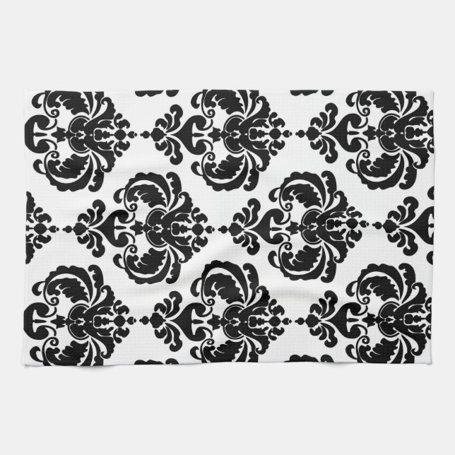 Linge De Cuisine Noir & Blanc Damask Chic Moderne Motif élégant (Horizontal)