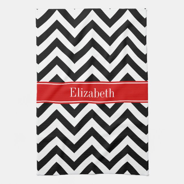 Linge De Cuisine Noir Blanc LG Chevron Rouge Nom Monogramme (Vertical)
