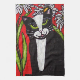 Linge De Cuisine Noir Blanc Tuxedo Chat Blanc Daisis Rouge