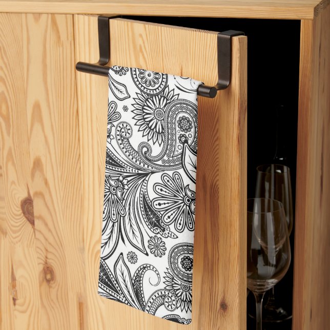 Linge De Cuisine Noir et blanc à motifs cachemire (Pliage en tiers)