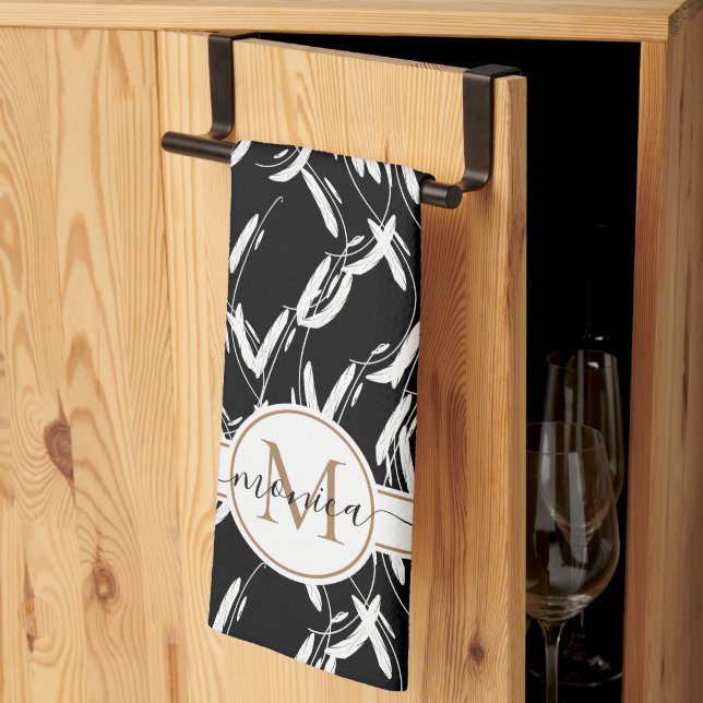 Linge De Cuisine Noir et blanc Floral Botanical Gold Monogramme (Pliage en tiers)