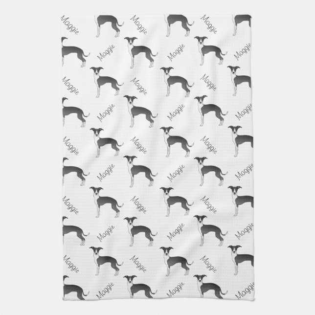 Linge De Cuisine Noir Et Blanc Italien Greyhound Motif Et Nom (Vertical)