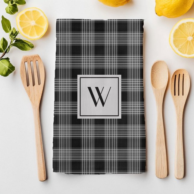 Linge De Cuisine Noir et gris monogramme À damiers Motif (Monogrammed Black & Gray Checkered Plaid Pattern Kitchen Towel)