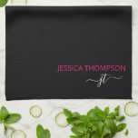 Linge De Cuisine Noir moderne rose chaud Simple Script Monogramme N<br><div class="desc">Customisé monogrammed simple nom de script et initial moderne et élégant ceinturé élégant noir et rose chaud Ajouter votre nom avec Girly Grey Initials. Ce set de serviettes de cuisine personnalisé est parfait pour Sweet 16, 1er, 21e, 30e, 40e, 50e, 60e, 70e, Anniversaire, Mariages, Fête Favor, Cadeau de Vacances, Quinceanera,...</div>