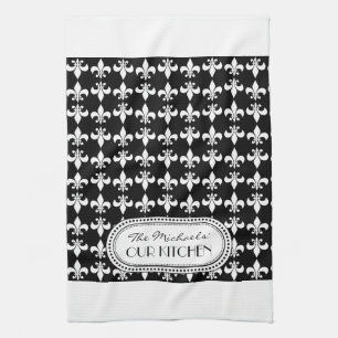 Linge De Cuisine Noir  Motif de monogramme blanc Fleur de Lis
