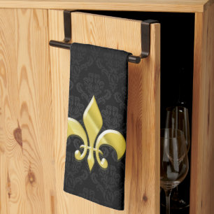 Linge De Cuisine Noir/or Damask Fleur de Lis