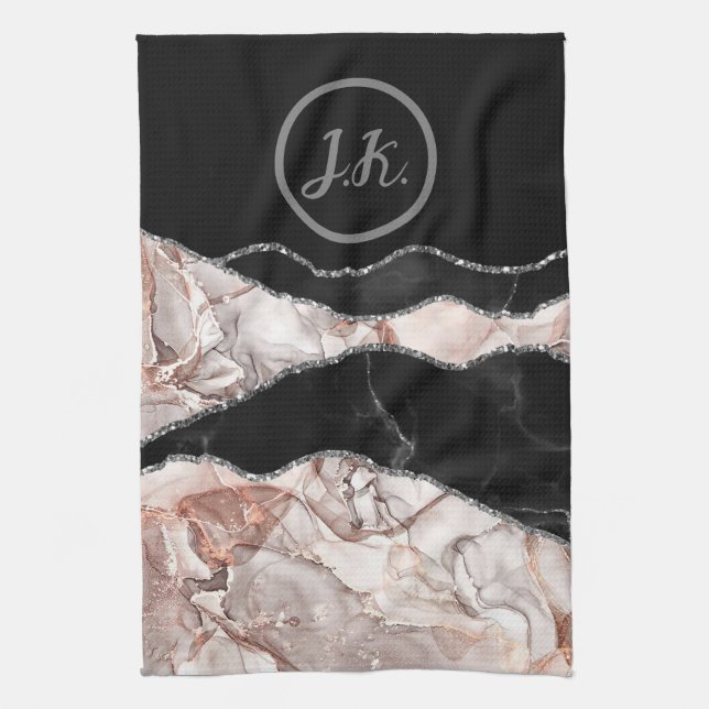 Linge De Cuisine Noir Rose Argent Initiales Marbre Agate Glam  (Vertical)