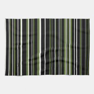 Linge De Cuisine Noir, Vert Olive, Rayure de code-barres blanc