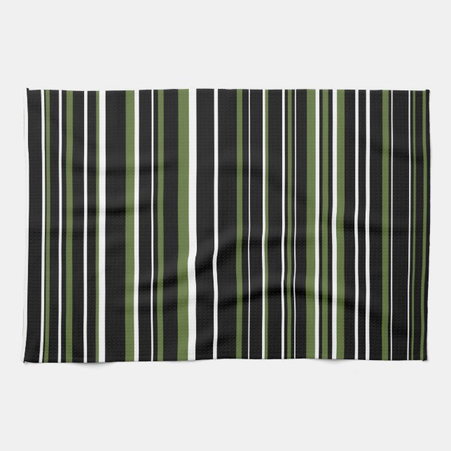 Linge De Cuisine Noir, Vert Olive, Rayure de code-barres blanc (Horizontal)