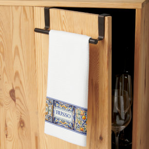 Linge De Cuisine Nom customisé Carrelage méditerranéen bleu et jaun