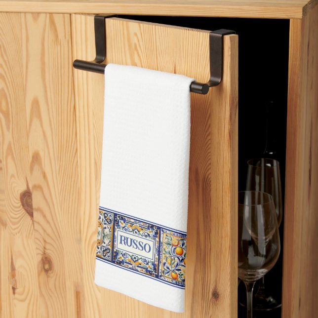 Linge De Cuisine Nom customisé Carrelage méditerranéen bleu et jaun (Pliage en tiers)