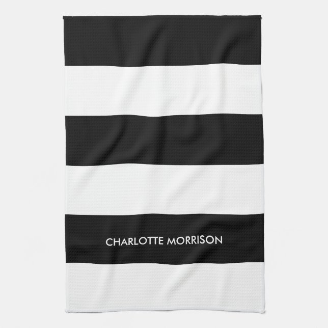 Linge De Cuisine Nom de bande moderne monogramme noir et blanc (Vertical)