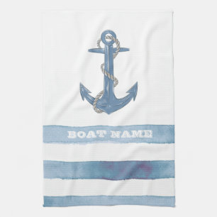 Linge De Cuisine Nom de bateau nautique,Ancre,Corde,Rayes bleu clai