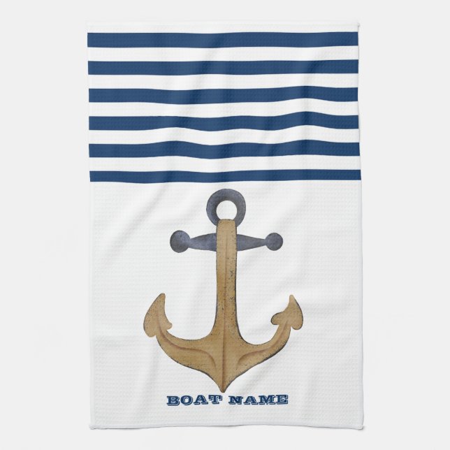 Linge De Cuisine Nom de bateau nautique, Rayure bleu marine d'ancre (Vertical)