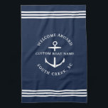 Linge De Cuisine Nom de bateau personnalisé moderne Bienvenue à bor<br><div class="desc">Serviettes de cuisine nautique en bleu marine lisant "bienvenue à bord" ainsi que votre nom et emplacement de bateau personnalisé.</div>