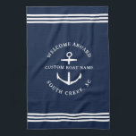 Linge De Cuisine Nom de bateau personnalisé moderne Bienvenue à bor<br><div class="desc">Serviettes de cuisine nautique en bleu marine lisant "bienvenue à bord" ainsi que votre nom et emplacement de bateau personnalisé.</div>