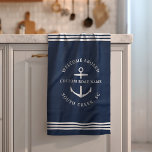 Linge De Cuisine Nom de bateau personnalisé moderne Bienvenue à bor<br><div class="desc">Serviettes de cuisine nautiques en bleu marine lisant "bienvenue à bord" ainsi que le nom et l'emplacement de votre bateau personnalisé.</div>