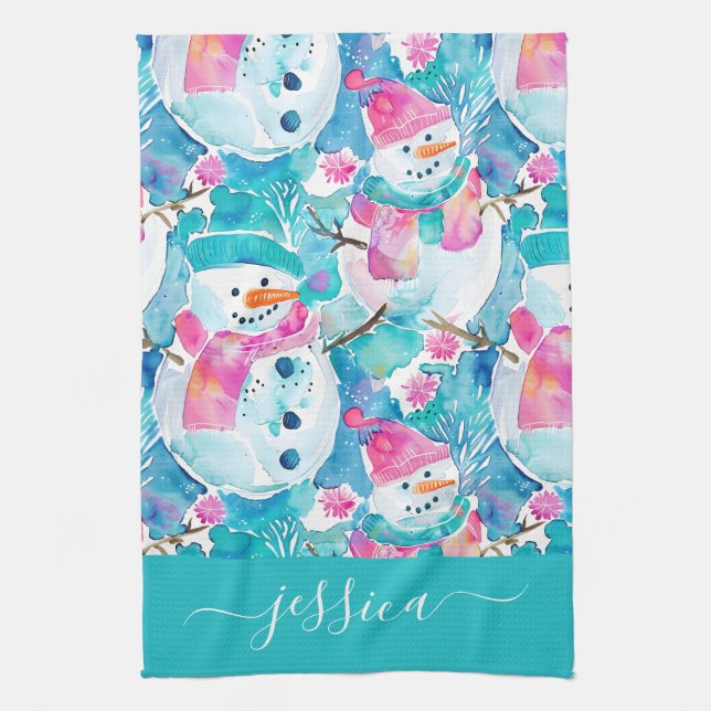 Linge De Cuisine Nom de bonhomme de neige turquoise mignon (Vertical)