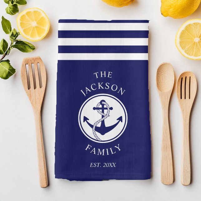 Linge De Cuisine Nom de famille Ancre nautique Motif Blue Stripes (Family Name Navy Blue Nautical Anchor Kitchen Towel)