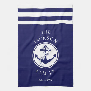 Linge De Cuisine Nom de famille Ancre nautique Motif Blue Stripes