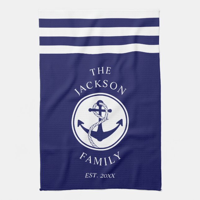 Linge De Cuisine Nom de famille Ancre nautique Motif Blue Stripes (Vertical)