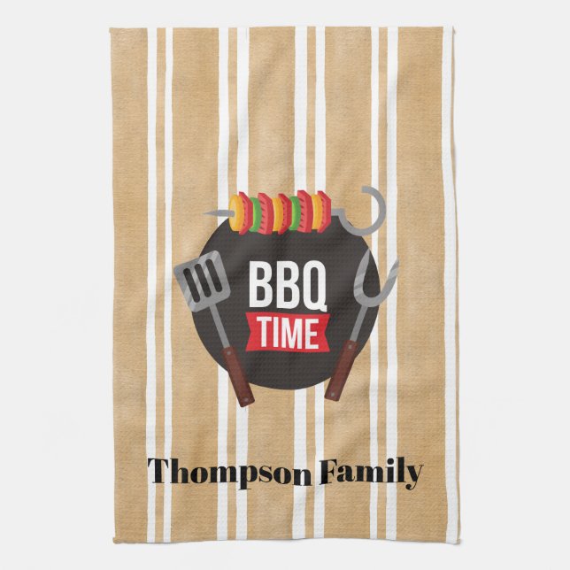 Linge De Cuisine Nom de famille BBQ temps Illustration moderne rayu (Vertical)